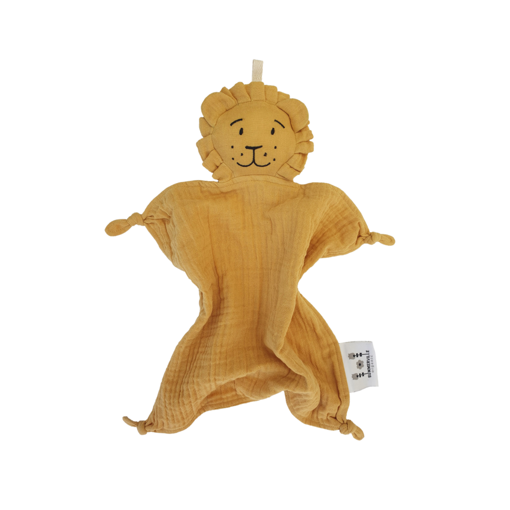 Doudou lion jaune ocre en coton bio