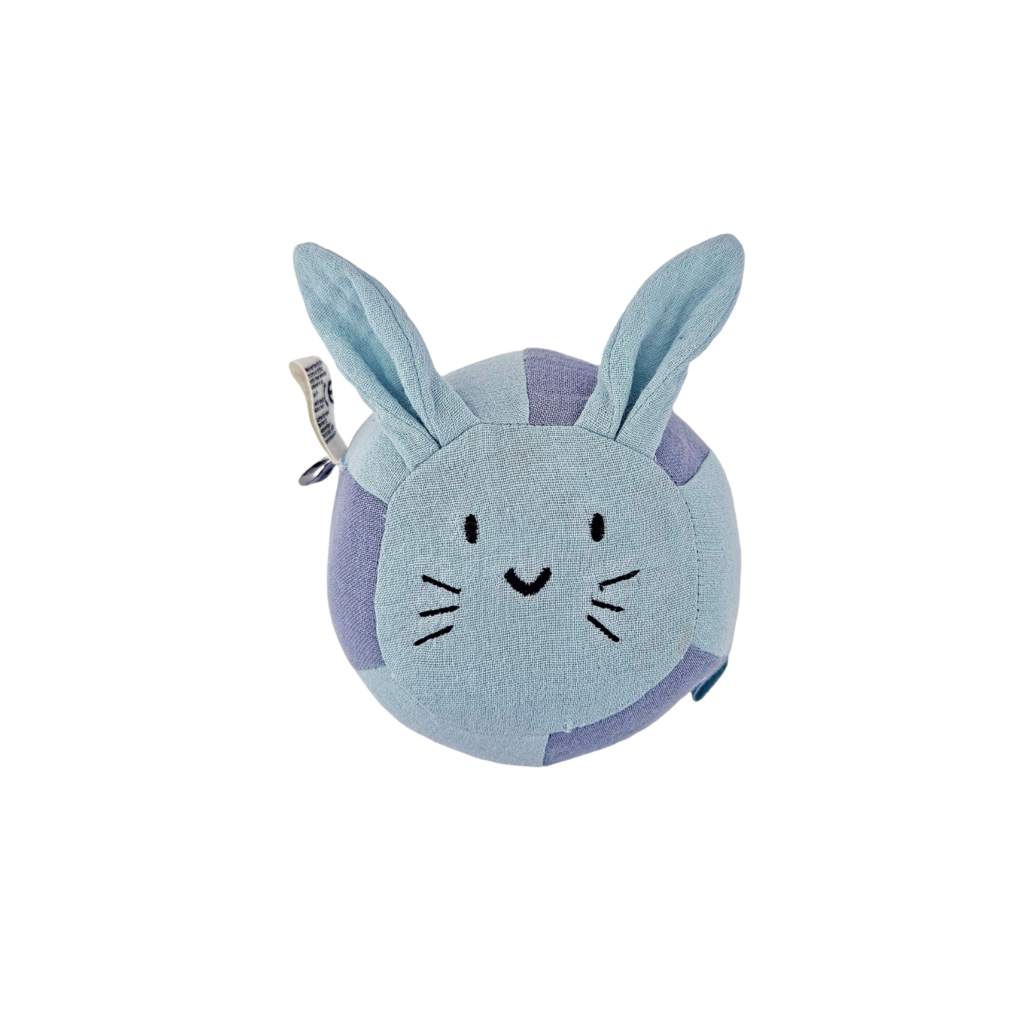 Hochet balle lapin bleu en coton bio avec grelot